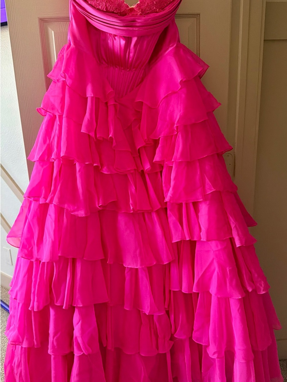 Sherri Hill Vibrant Pink Layered Ruffle Ball Gown - Picture 2 of 4